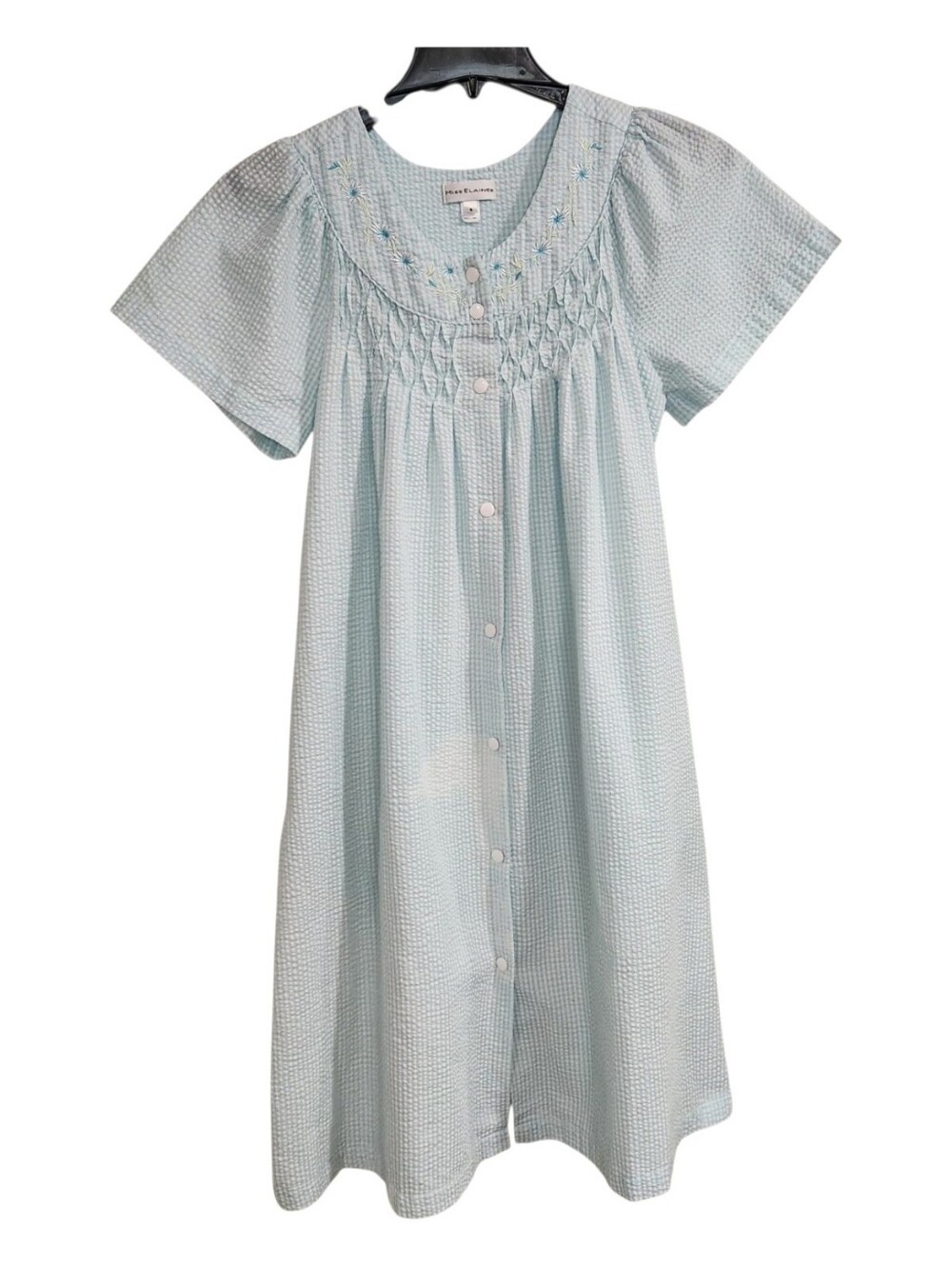 Miss Elaine Seersucker Snap Up Housecoat Gown Sz S Aqua Blue Embroidered * Flaw
